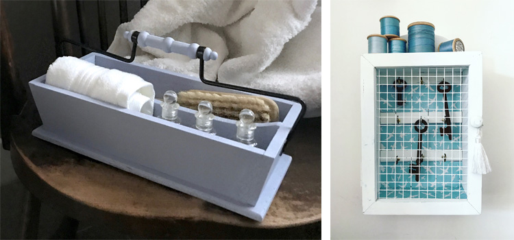 Bathroom caddy in Chalk Frost Blue. Key cabinet in Chalk Vintage White