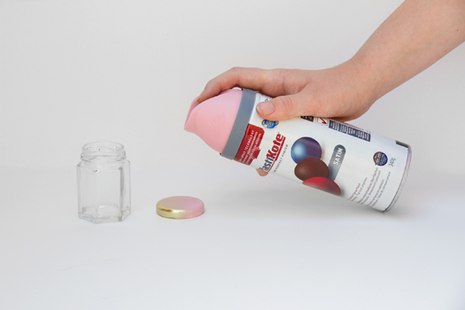 2 - Wedding favour jar being sprayed with PlastiKote Twist and Spray in Cameo Pink